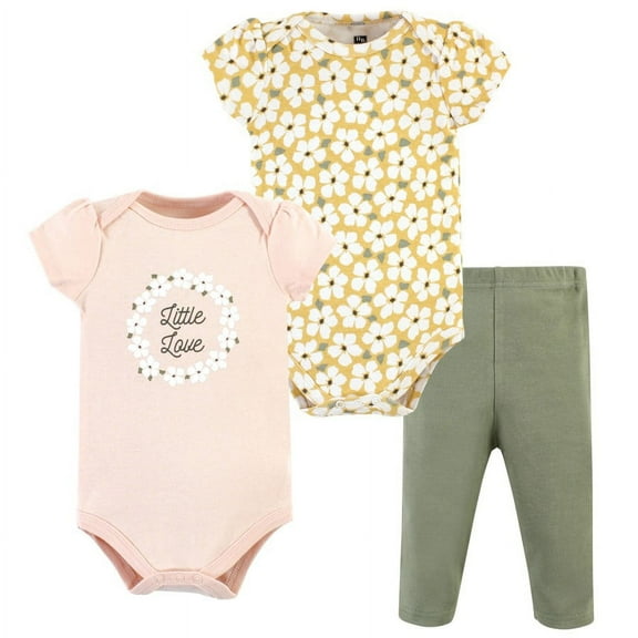 Hudson Baby Infant Girl Cotton Bodysuit and Pant Set, Sage Floral Wreath, Preemie