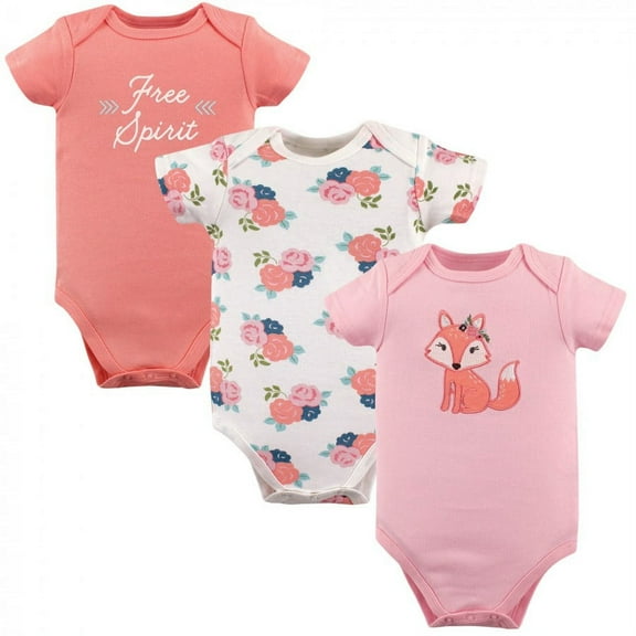 Hudson Baby Infant Girl Cotton Bodysuits 3pk, Floral Fox, 0-3 Months