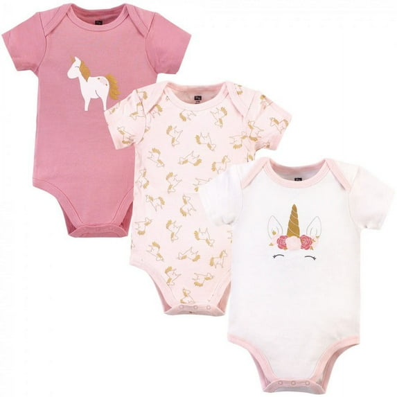Hudson Baby Infant Girl Cotton Bodysuits 3pk, Gold Pink Unicorn, 9-12 Months