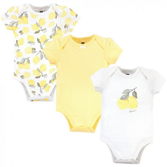 Hudson Baby Infant Girl Cotton Bodysuits 3pk, Lemon, 0-3 Months