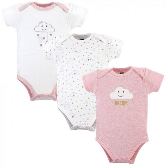 Hudson Baby Infant Girl Cotton Bodysuits 3pk, Pink Clouds, 9-12 Months
