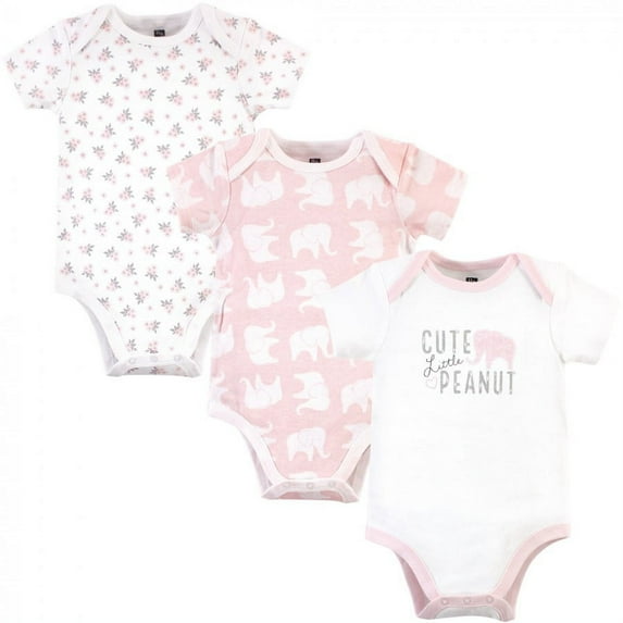 Hudson Baby Infant Girl Cotton Bodysuits 3pk, Pink Elephant, 3-6 Months
