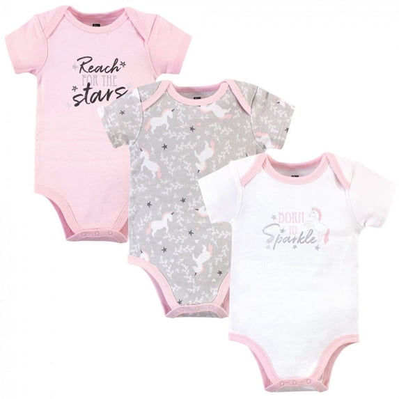 Hudson Baby Infant Girl Cotton Bodysuits 3pk, Whimsical Unicorn, 6-9 Months