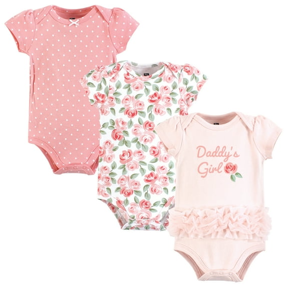Hudson Baby Infant Girl Cotton Bodysuits, Coral Floral Daddys Girl, 3-6 Months