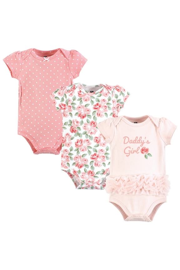 Infant Girl Cotton Bodysuits, Coral Floral Daddys Girl, 9-12 Months
