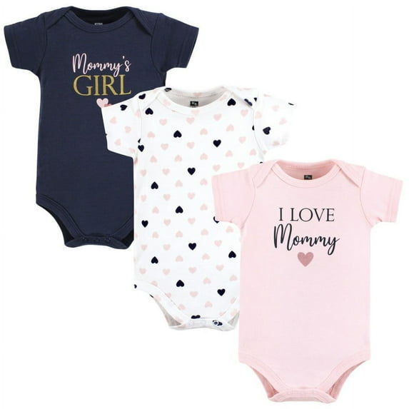Hudson Baby Infant Girl Cotton Bodysuits, Girl Mommy Pink Navy 3Pk, 6-9 Months