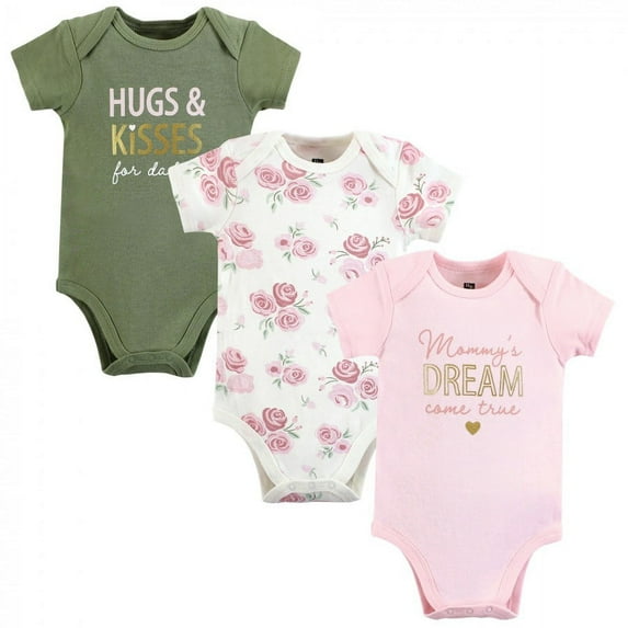 Hudson Baby Infant Girl Cotton Bodysuits, Mom Dad Floral, 3-6 Months