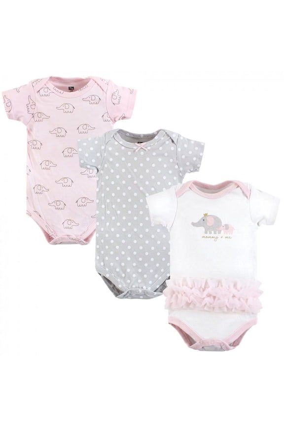 Infant Girl Cotton Bodysuits, Pink Gray Elephant, 3-6 Months