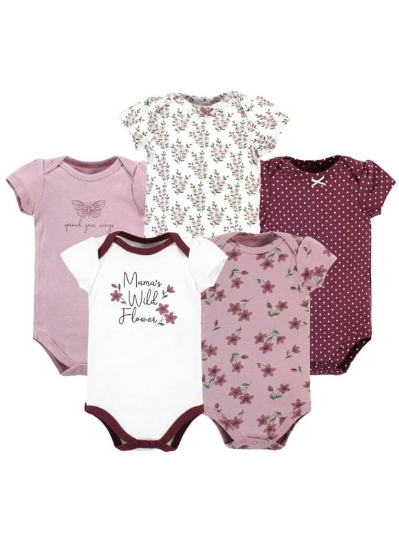 Hudson Baby Infant Girl Cotton Bodysuits, Plum Wildflower 5 Pack, 9-12 Months