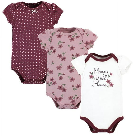 Hudson Baby Infant Girl Cotton Bodysuits, Plum Wildflower, 6-9 Months