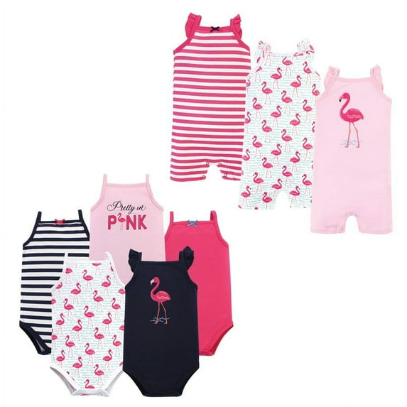 Hudson Baby Infant Girl Cotton Bodysuits and Rompers, 8-Piece, Bright Flamingo, 3-6 Months