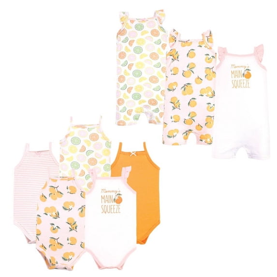 Hudson Baby Infant Girl Cotton Bodysuits and Rompers, 8-Piece, Citrus Orange, 12-18 Months