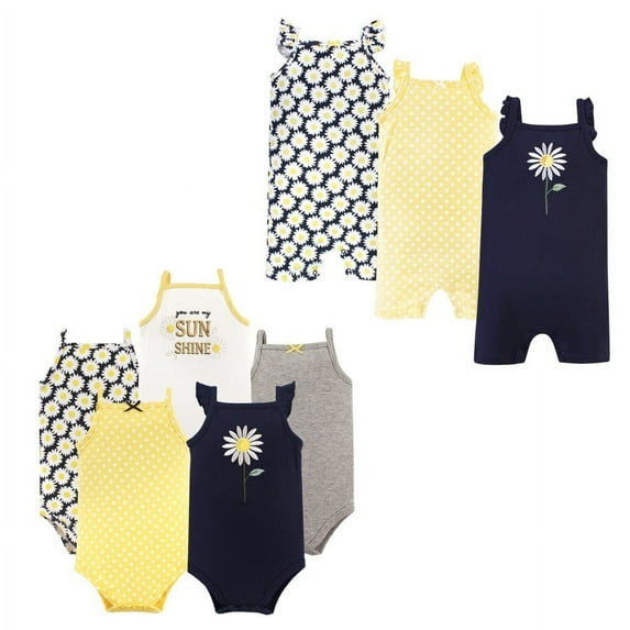 Hudson Baby Infant Girl Cotton Bodysuits and Rompers, 8-Piece, Daisy, 9-12 Months