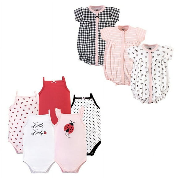 Hudson Baby Infant Girl Cotton Bodysuits and Rompers, 8-Piece, Ladybug, 9-12 Months
