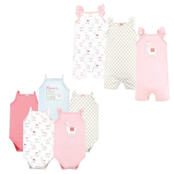 Hudson Baby Infant Girl Cotton Bodysuits and Rompers, 8-Piece, Llama, 12-18 Months