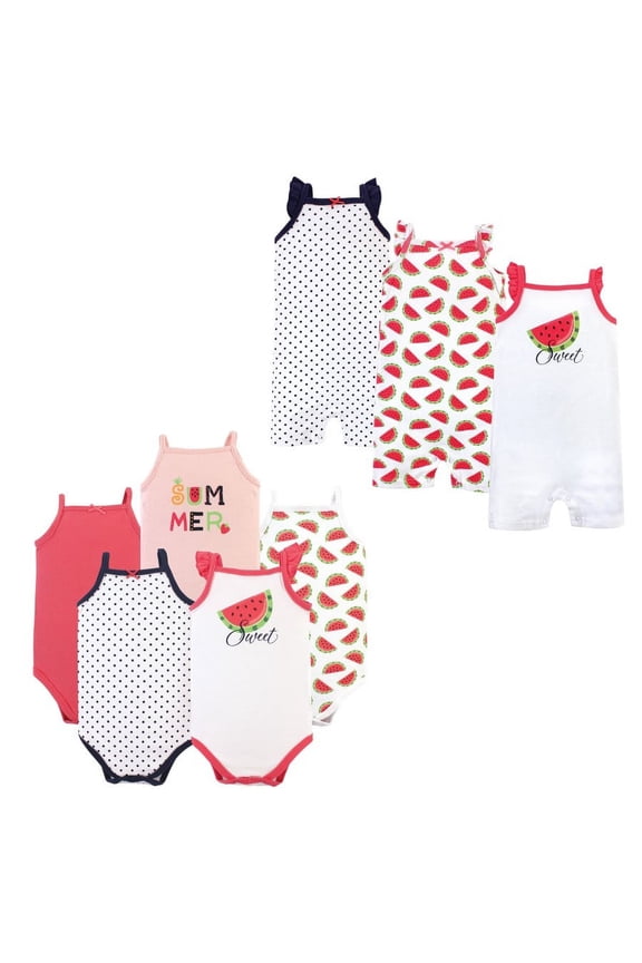 Infant Girl Cotton Bodysuits and Rompers, 8-Piece, Watermelon, 18-24 Months
