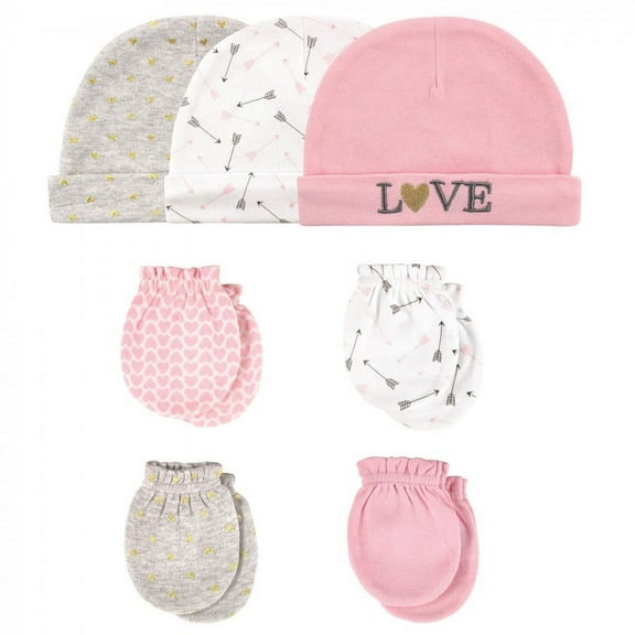 Hudson Baby Infant Girl Cotton Cap and Scratch Mitten 7pc Set, Love, 0-6 Months