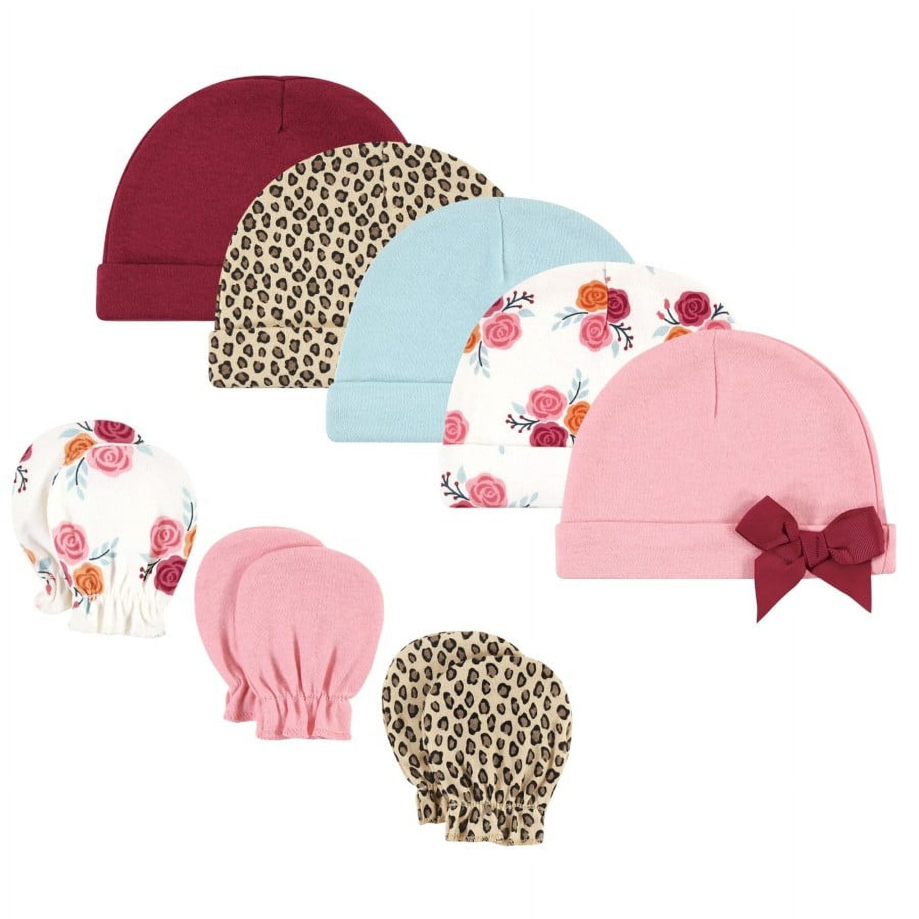 Hudson Baby Infant Girl Cotton Cap and Scratch Mitten Set, Autumn Rose