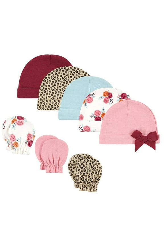 Infant Girl Cotton Cap and Scratch Mitten Set, Autumn Rose, 0-6 Months