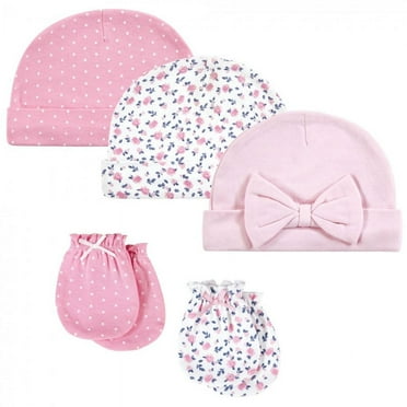 Hudson Baby Infant Girl Cotton Cap and Scratch Mitten Set, Blue Pink Floral, 0-6 Months