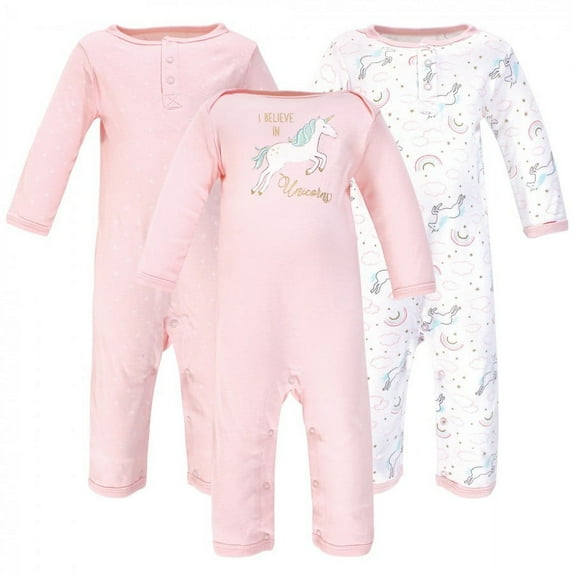Hudson Baby Infant Girl Cotton Coveralls 3pk, Glitter Unicorn, 3-6 Months