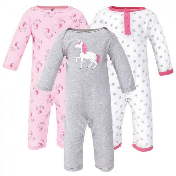 Hudson Baby Infant Girl Cotton Coveralls 3pk, Pink Unicorn, 0-3 Months