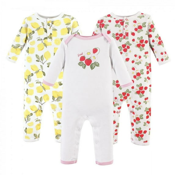 Hudson Baby Infant Girl Cotton Coveralls 3pk, Strawberry Lemon, 9-12 Months