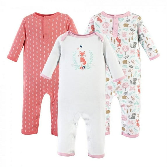 Hudson Baby Infant Girl Cotton Coveralls 3pk, Woodland Fox, 12-18 Months