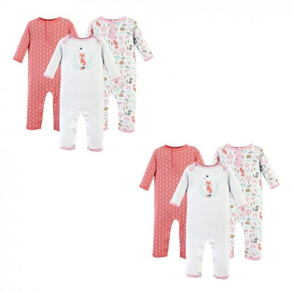 Hudson Baby Infant Girl Cotton Coveralls, Woodland Fox 6-Piece, 3-6 Months
