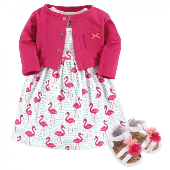 Hudson Baby Infant Girl Cotton Dress, Cardigan and Shoe 3pc Set, Bright Flamingo, 0-3 Months