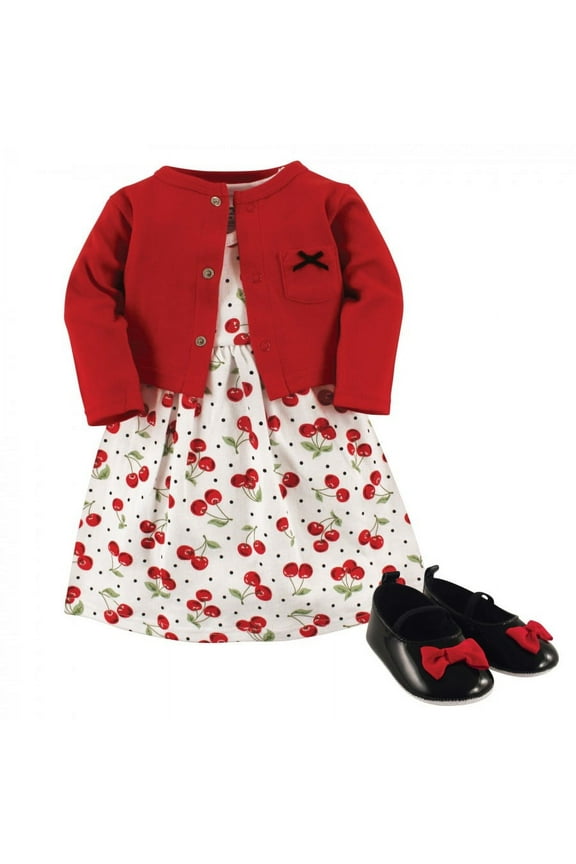 Infant Girl Cotton Dress, Cardigan and Shoe 3pc Set, Cherries, 0-3 Months