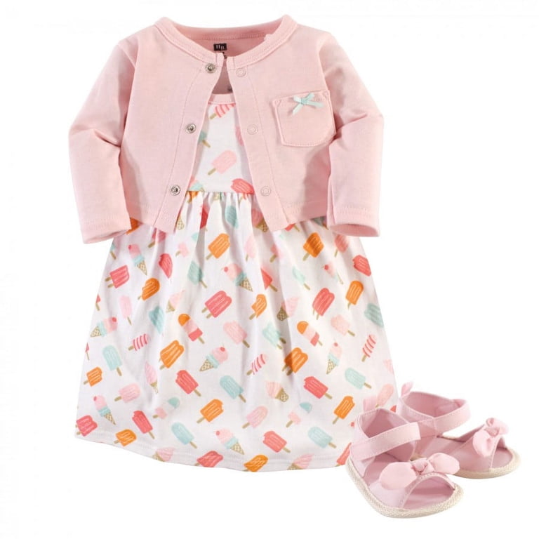 Hudson Baby Cotton Dress Cardigan and Shoe Set Ice Cream 6-9 Months