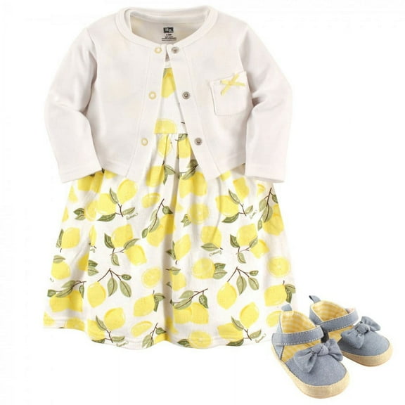 Hudson Baby Infant Girl Cotton Dress, Cardigan and Shoe 3pc Set, Lemon, 0-3 Months