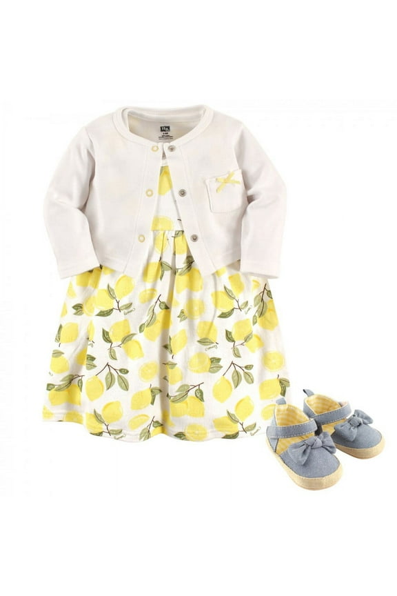 Infant Girl Cotton Dress, Cardigan and Shoe 3pc Set, Lemon, 0-3 Months