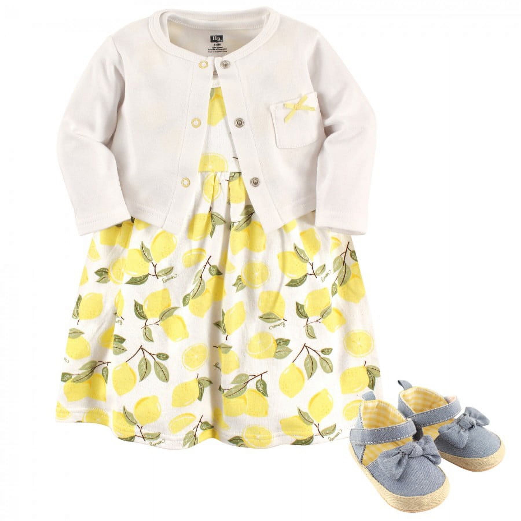 Hudson Baby Infant Girl Cotton Dress, Cardigan and Shoe 3pc Set, Lemon, 12-18 Months