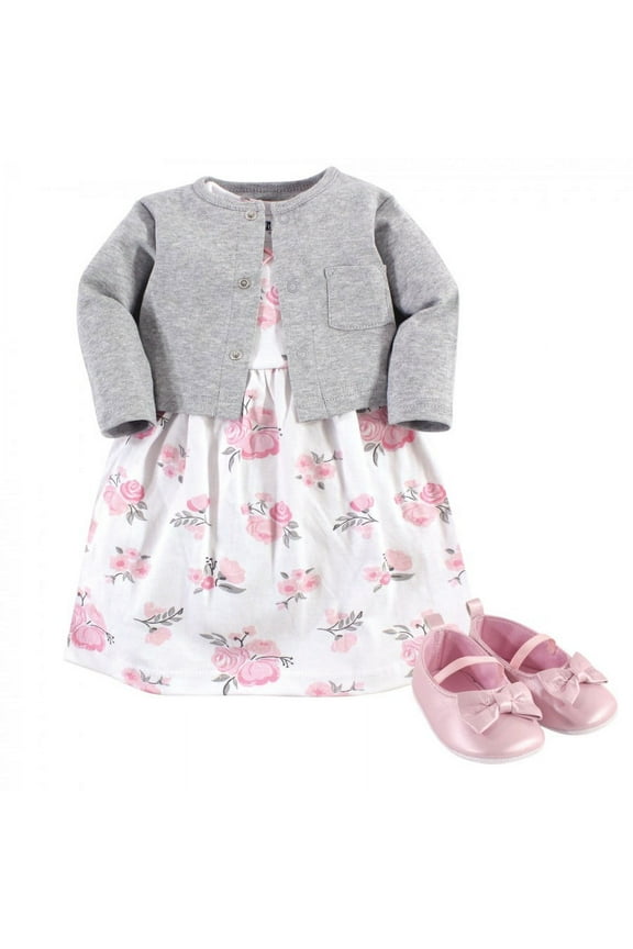 Infant Girl Cotton Dress, Cardigan and Shoe 3pc Set, Pink Gray Floral, 6-9 Months