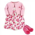 thumbnail image 1 of Hudson Baby Infant Girl Cotton Dress, Cardigan and Shoe 3pc Set, Pink Roses, 0-3 Months, 1 of 5