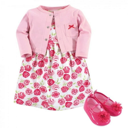Hudson Baby Infant Girl Cotton Dress, Cardigan and Shoe 3pc Set, Pink Roses, 0-3 Months
