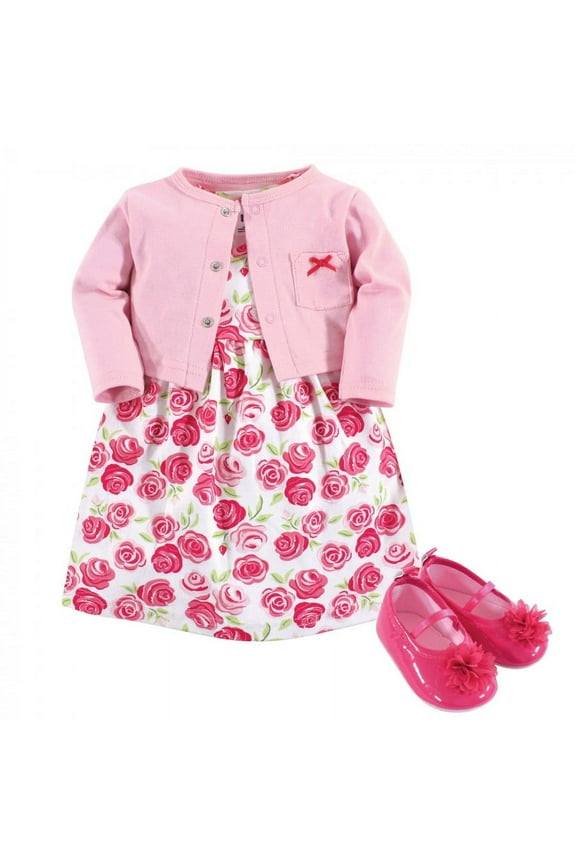 Infant Girl Cotton Dress, Cardigan and Shoe 3pc Set, Pink Roses, 3-6 Months