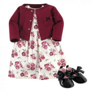 Hudson Baby Infant Girl Cotton Dress, Cardigan and Shoe 3pc Set, Rose, 0-3 Months