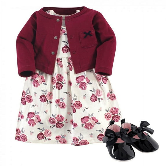 Hudson Baby Infant Girl Cotton Dress, Cardigan and Shoe 3pc Set, Rose, 6-9 Months