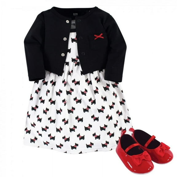 Hudson Baby Infant Girl Cotton Dress, Cardigan and Shoe 3pc Set, Scottie Dog, 0-3 Months