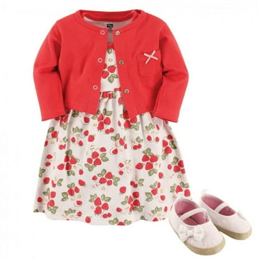 Hudson Baby Infant Girl Cotton Dress, Cardigan and Shoe 3pc Set, Strawberry, 0-3 Months