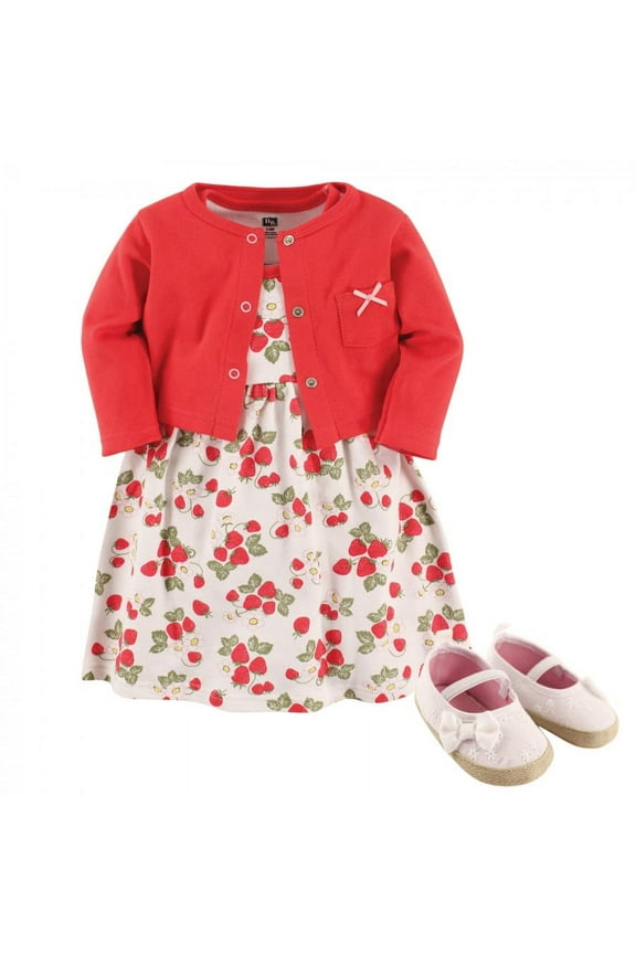 Infant Girl Cotton Dress, Cardigan and Shoe 3pc Set, Strawberry, 12-18 Months