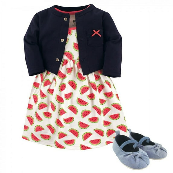 Hudson Baby Infant Girl Cotton Dress, Cardigan and Shoe 3pc Set, Watermelon, 6-9 Months