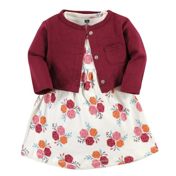 Hudson Baby Infant Girl Cotton Dress and Cardigan Set, Autumn Rose, 0-3 Months