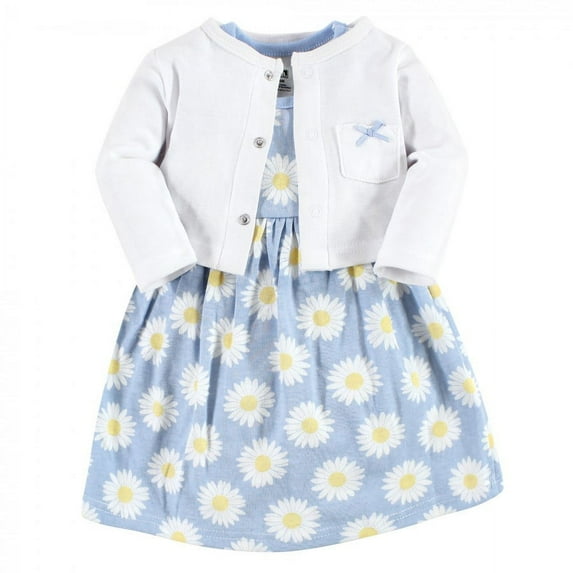Hudson Baby Infant Girl Cotton Dress and Cardigan Set, Blue Daisy, 0-3 Months