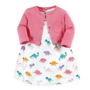 Hudson Baby Infant Girl Cotton Dress and Cardigan Set, Cute-A-Saurus, 6-9 Months