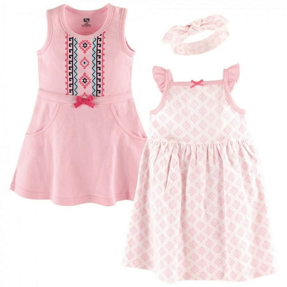Hudson Baby Infant Girl Cotton Dress and Headband 3pc Set, Aztec, 3-6 Months