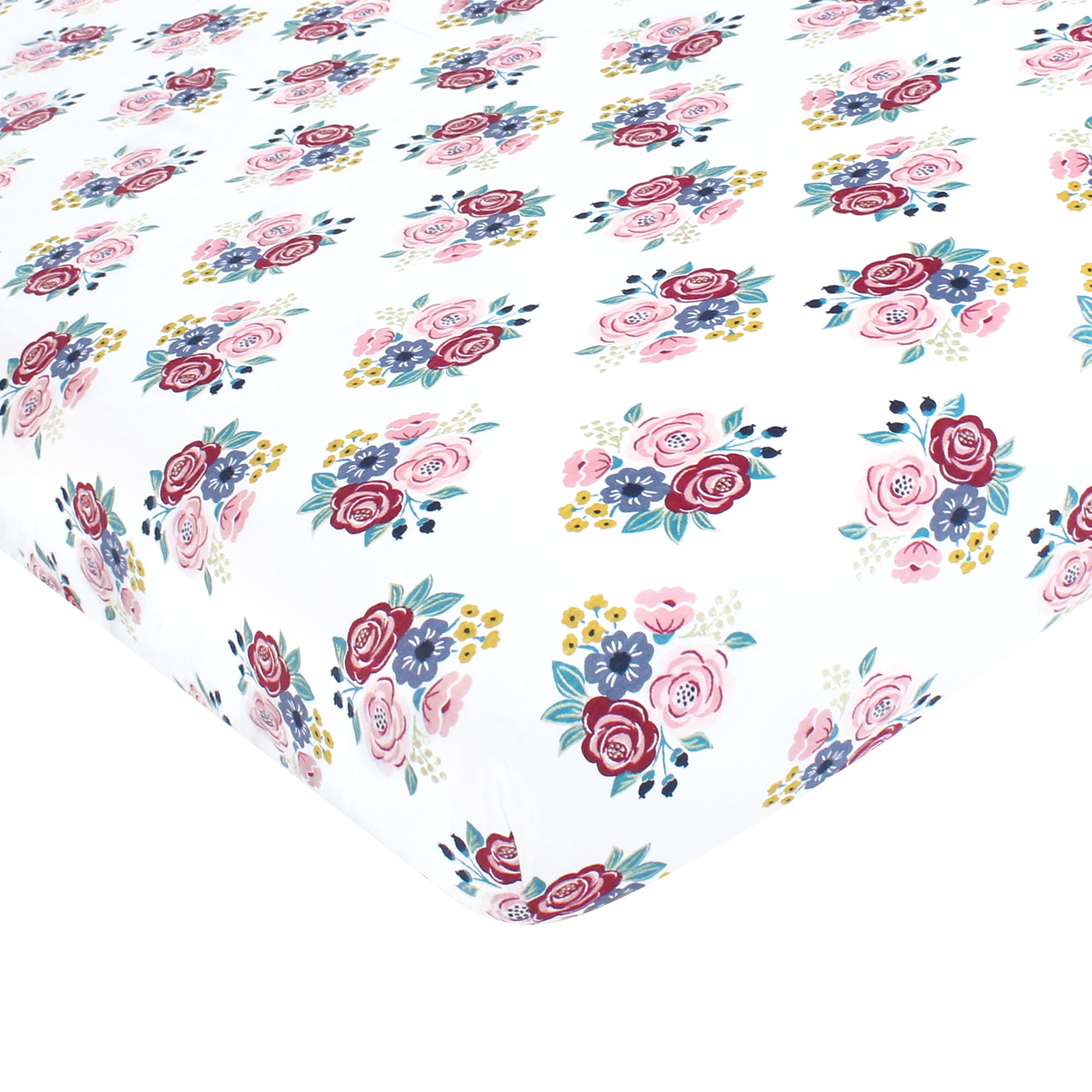 Hudson Baby Infant Girl Cotton Fitted Crib Sheet, Blush Navy Floral, One Size